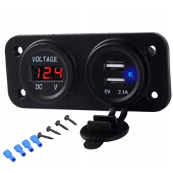 ŁADOWARKA SAMOCHODOWA USB 2X 5V 2.1A + WOLTOMIERZ PANEL MONTAŻOWY